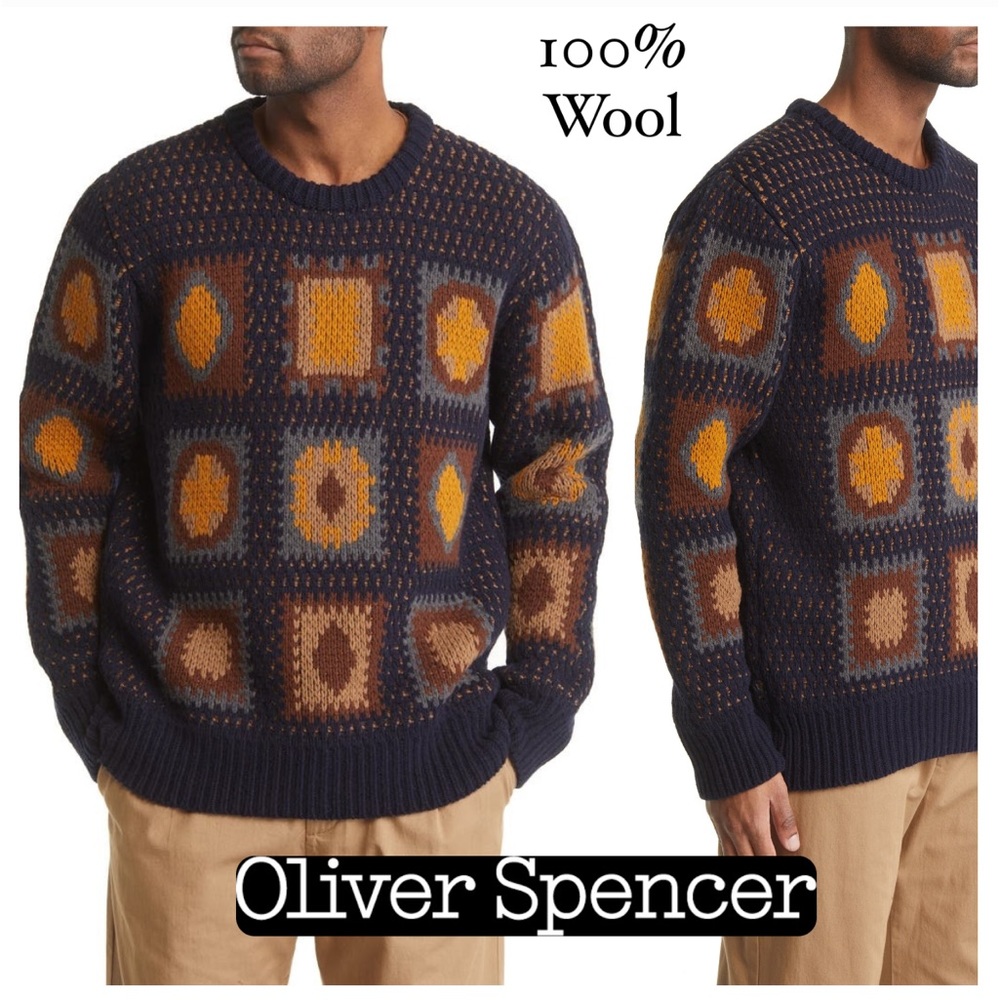 Oliver Spencer Blenheim Jumper 100% Wool Crewneck Sweater Navy Crochet Knit